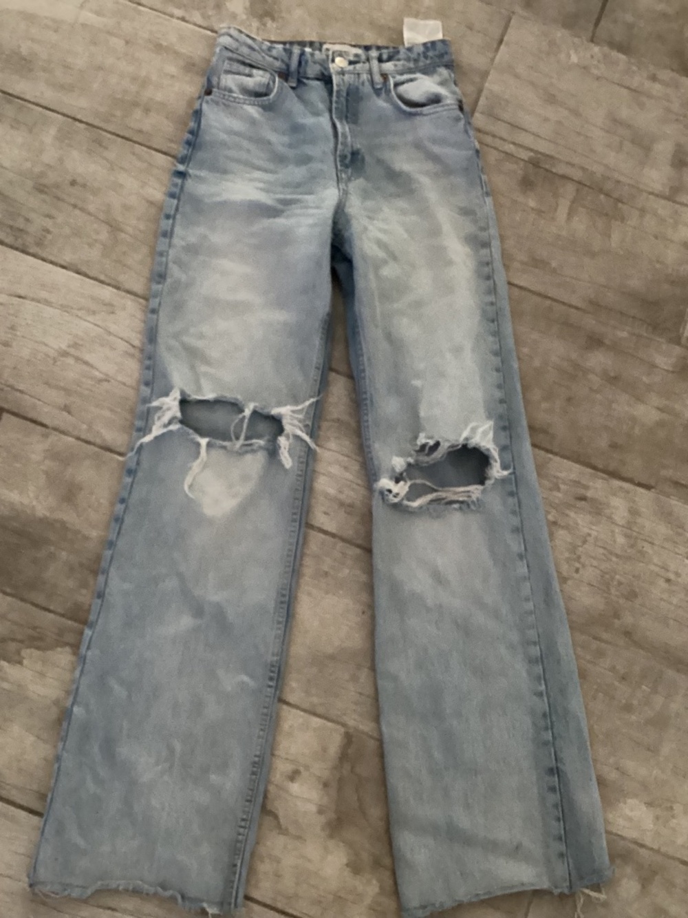 Zara jeans denim light wash wide leg ripped knee pants jsize small 2